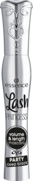 essence Lash PRINCESS volume & length PARTY deep black mascara, silver tube with elegant crown design, front view.