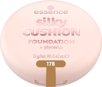 Podkład Essence Silky Cushion 178, beżowy kompakt z brązowym paskiem pokazującym średnio opalony odcień.