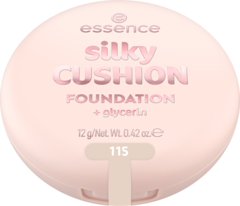 Podkład w poduszeczce essence silky CUSHION 115, jasnoróżowe okrągłe opakowanie, widok z góry.
