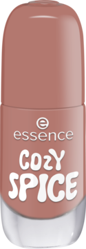 Żelowy lakier essence 47 COZY SPICE w ciepłym odcieniu brązu. Butelka z białym napisem na froncie.