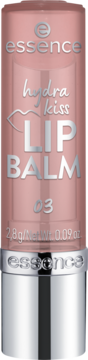 essence hydra kiss LIP BALM 03 Cocoa Kiss, nawilżający sztyft w przezroczystym różowym opakowaniu, widok z przodu.