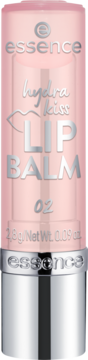 Różowy balsam do ust essence hydra kiss 02 w transparentnej tubce z srebrnym logo i detalami. Widok z przodu.