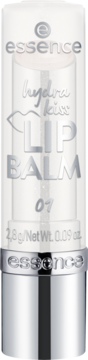 Balsam do ust essence hydra kiss 01 Crystal Kiss w przezroczystym sztyfcie ze srebrnym spodem, widok z przodu.