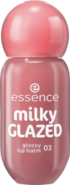 essence milky GLAZED 03, różowy błyszczyk-balsam do ust, butelka z kulistą nakrętką, pionowy widok.
