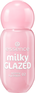 Różowy, błyszczący balsam do ust essence milky GLAZED 02 w zaokrąglonej butelce, widok z przodu.