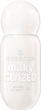essence milky GLAZED 01, biały, lśniący balsam do ust w butelce o opływowym kształcie, widok z przodu.
