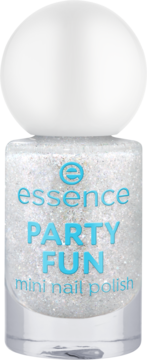 Essence PARTY FUN mini lakier brokatowy, srebrny z holograficznym blaskiem, biała zakrętka, widok z przodu.