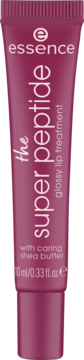 Front view of Essence The Super Peptide glossy lip treatment, 10ml, in a deep magenta tube with shea butter.