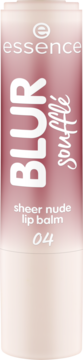 essence BLUR Soufflé sheer nude lip balm 04, różowo-beżowy sztyft z białymi napisami, widok z przodu.