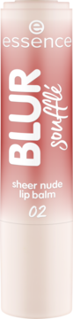 Essence Blur Soufflé Sheer Nude Lip Balm 02, jasnoróżowy sztyft z białymi napisami, widok z przodu.