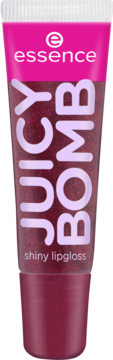 Essence Juicy Bomb shiny lipgloss w przezroczystej tubce, różowy z brokatem, pionowy napis. Widok z przodu.