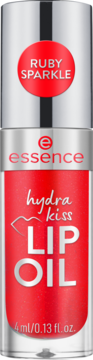 essence hydra kiss LIP OIL Ruby Sparkle, czerwony brokatowy olejek do ust w przezroczystej tubce, widok z przodu.
