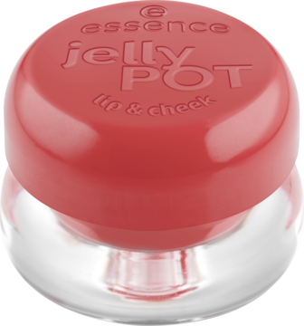 essence jelly POT lip & cheek, mały różowy słoiczek z przezroczystą bazą, widok lekko z góry.