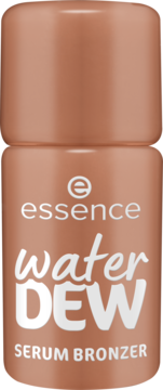 Essence Water DEW Serum Bronzer, butelka w odcieniu brązu nude, z białym napisem, widok z przodu.