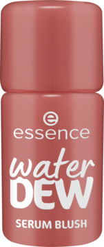 Koralowy serum blush do twarzy Essence Water DEW w małej, cylindrycznej butelce z białymi napisami, widok z przodu.