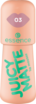 essence JUICY MATTE 03 Nude Pink pomadka do ust w musie. Brzoskwiniowe opakowanie z symbolem ust '03'.
