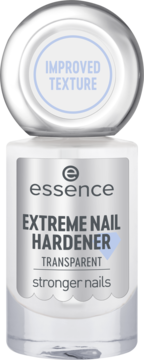 Przezroczysty lakier essence Extreme Nail Hardener w butelce z srebrną etykietą, 'Improved Texture' na zakrętce.