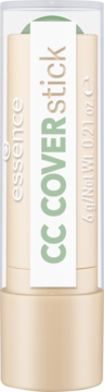 Zielony korektor w sztyfcie Essence CC COVER Stick, widok z przodu, beżowe opakowanie z transparentną zatyczką.
