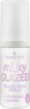 Essence Milky Glazed Glass Skin Spray, biała butelka, fioletowe napisy, z ekstraktem z ryżu i gliceryną, widok z przodu.
