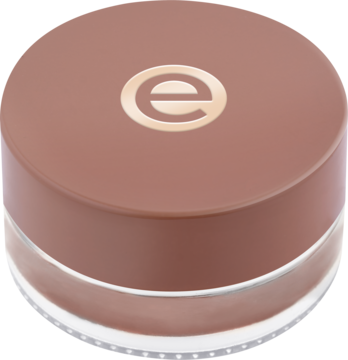 Eyeshadow Essence w brązowym słoiczku z logo "e", widok z góry pod kątem, przezroczysta podstawa.