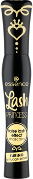 Czarny tusz Essence Lash Princess tubing, false lash effect, złote napisy, korona, widok z przodu.