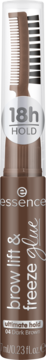 Brązowy żel do brwi Essence BROW LIKE & LIFT Freeze & Care 04 Dark Brown, z aplikatorem i napisem 18h HOLD.