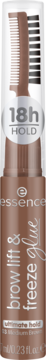 Essence Brow Lift & Freeze styling wax 03 Medium Brown, brown tube with clear cap & brow comb, 18h hold.