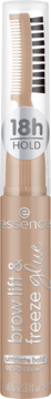 Essence Brow like an 18h hold freeze & care eyebrow styler, brązowe opakowanie z aplikatorem szczoteczki i grzebyka, widok z przodu.
