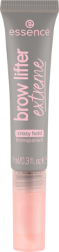 Essence Brow Lifter Extreme, transparentny żel do brwi w szarej tubce z różowym tekstem, widok z przodu.