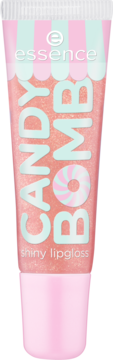Essence Candy Bomb Shiny Lipgloss, różowa tubka z brokatem i miętowo-różowymi paskami, widok z przodu.