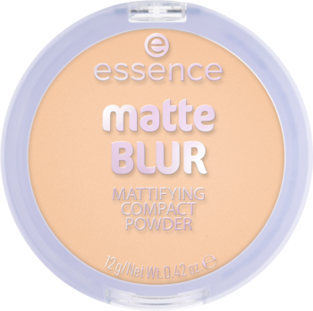 Essence matte BLUR mattifying compact powder w jasnoliliowej kasetce, widok z góry.