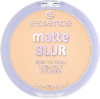 Essence matte BLUR puder prasowany matujący, jasnobeżowy, w fioletowym okrągłym etui.