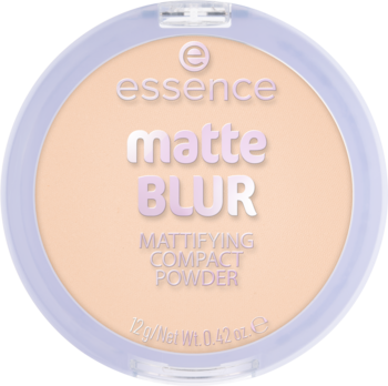 Okrągły kompakt Essence Matte Blur Mattifying Compact Powder, beżowy puder prasowany, widok z góry.