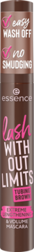 essence Lash Without Limits Tubing Brown mascara in a brown tube with pink text, highlighting easy wash off and no smudging.