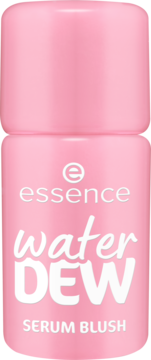 Różowy błyszczący serum blush essence water DEW, pionowe opakowanie, białe napisy, widok z przodu.