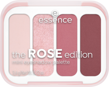 Paletka cieni Essence The ROSE edition, 4 odcienie różu i bordo, widok z góry na białe opakowanie z różową ramką.