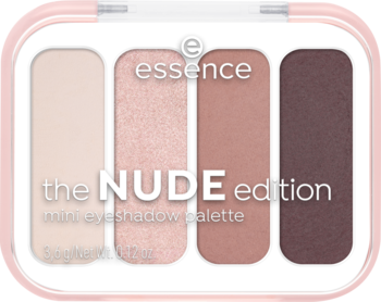 Essence the NUDE edition mini eyeshadow palette: 4 nude cienie (krem, róż shimmer, róż mat, brąz) w różowej oprawce. Widok z góry.