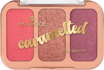 essence caramelted paleta różów 01, otwarta. Matowy koral, błyszczący karmel i matowa śliwka. Widok z góry.