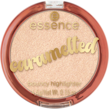 Essence Caramelted 01 Sweet 'n Bouncy, złoty, połyskujący rozświetlacz w okrągłym, pomarańczowym kompakcie.