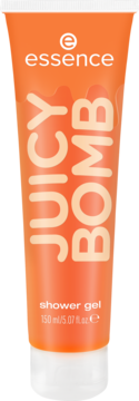 Pomarańczowy żel pod prysznic essence JUICY BOMB w tubce 150ml, z białymi napisami i zakrętką, widok z przodu.