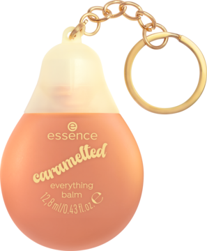 Balsam essence caramelted 01 Meltin' In Love w matowym pomarańczowo-żółtym opakowaniu z brelokiem, widok z przodu.