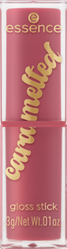 Essence Caramelted 01 błyszczyk w sztyfcie, różowy, przezroczysta tubka ze złotymi napisami.