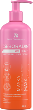 Seboradin Pro Density odżywczo-wzmacniająca maska do włosów w różowo-pomarańczowej butelce z pompką.