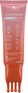 Seboradin PRO DENSITY Scalp Serum, różowo-pomarańczowa tuba z aplikatorem do masażu, widok z przodu.