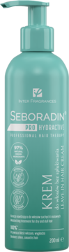 Frontalny widok na Seboradin Pro Hydractive, krem do włosów bez spłukiwania w turkusowej butelce z pompką, 200 ml.