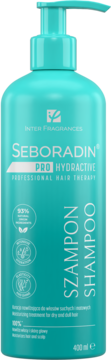 Seboradin PRO HYDRACTIVE szampon nawilżający do włosów suchych w turkusowej butelce z pompką, widok z przodu.