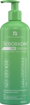 Zielona butelka Seboradin Pro Seboclear Light Conditioner z pompką, widok z przodu. Odżywka do włosów przetłuszczających się.