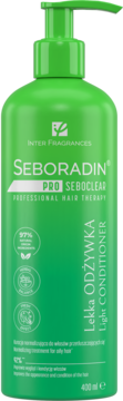 Zielona butelka Seboradin PRO Seboclear Lekka Odżywka z pompką, do włosów przetłuszczających się, 400 ml, widok z przodu.