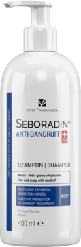 Biała butelka szamponu przeciwłupieżowego Seboradin Anti-Dandruff 400 ml z pompką, widok z przodu.