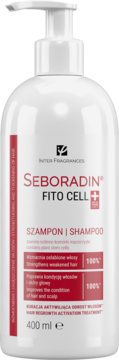 Biała butelka wzmacniającego szamponu Seboradin Fito Cell z pompką, widok z przodu, 400 ml.
